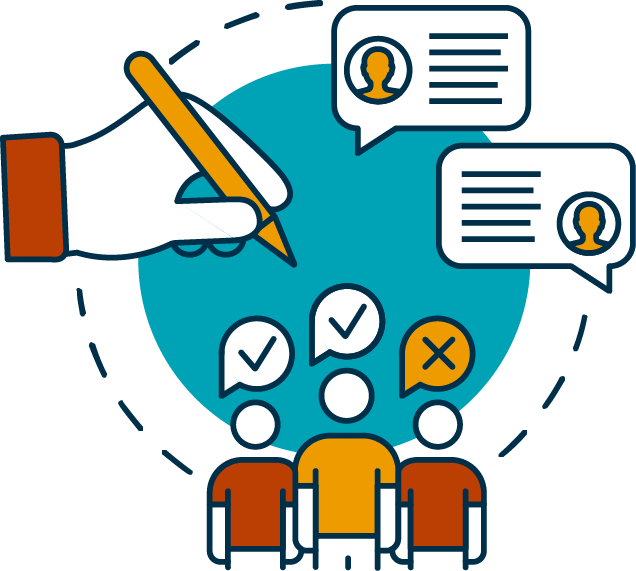 comment-icon icon with hand holding pen, comment bubbles, and people agreeing or disagreeing