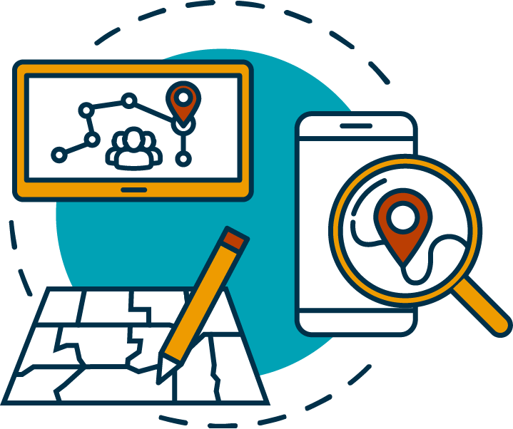 icon featuring tablet with map and person icon, smartphone with location icon, and redistricting map